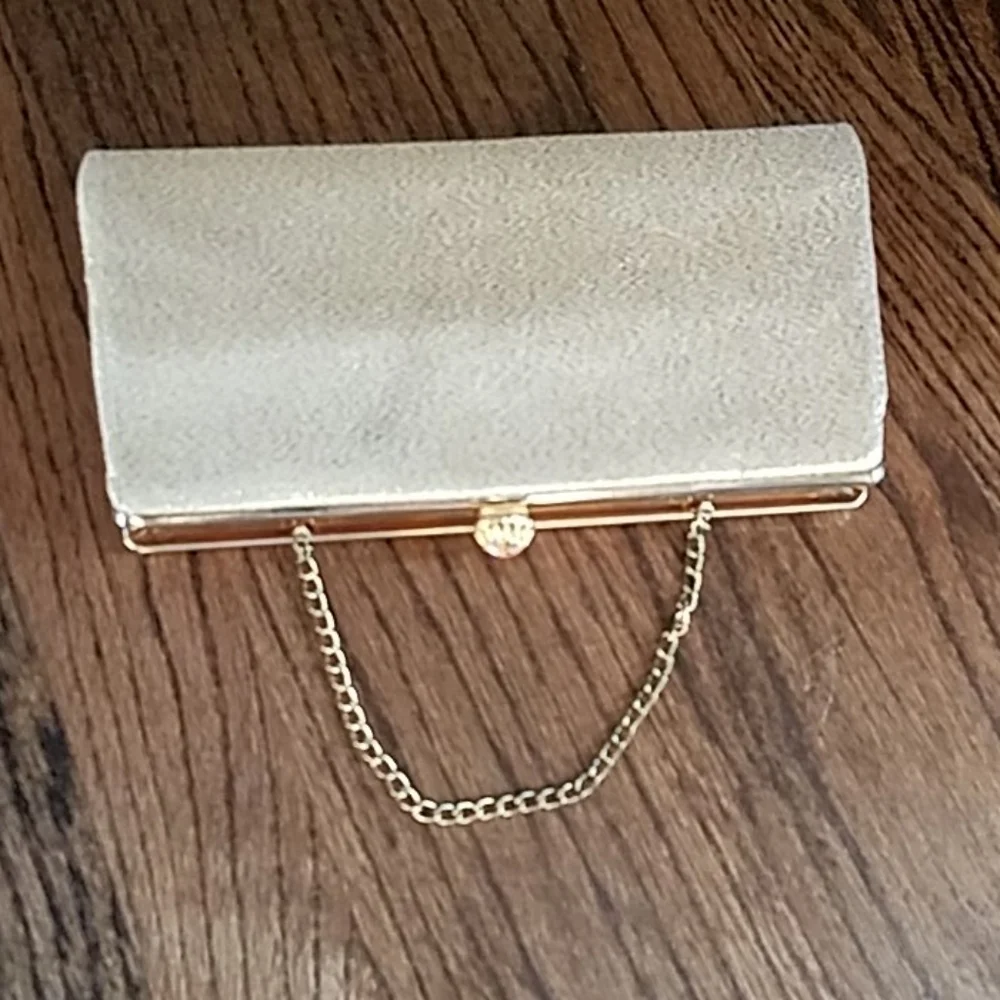 Y2K Silk Clutch Rectangular Gold Sparkle Satin Metal Chain Crystal Clasp